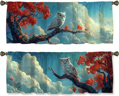 Owl Curtain, Two-Pack, Autumn Tree Branch Sky Fantasy Red Leave,Applicable to Bathroom, Bedroom, 54x18 inches. - color: Owl
