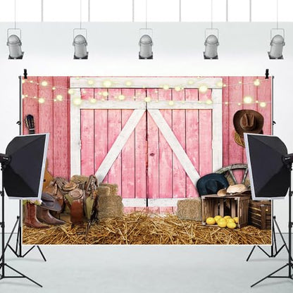 Western Backdrop Rustic Pink Wooden House Barn Door Background Hay Wild West Photography Banner for Birthday Rodeo Cowboy Themed Party Decorations Photo Photobooth Props 12x10ft - size: 12x10 ft
