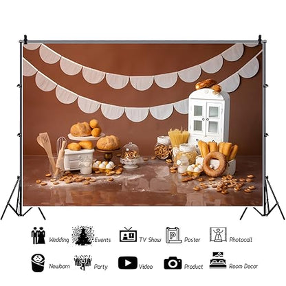YongFoto Bakery Baking Table Backdrop 7x5ft Bread Donut Biscuit White Cabinet Photography Background Boy Girl Cake Smash Birthday Baby Shower Party Banner Portrait Photoshoot Wallpaper Studio Props - size: 7x5ft