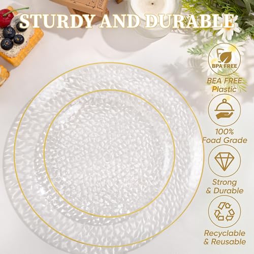 I00000 150Pcs Clear Plastic Plates with Gold Rim,Clear Disposable Plates with silverware,Gold hammer patterned plates Set include 30 Dinner Plate,30 Dessert Plate,90 Silverware Set for Party - color: Clear and gold