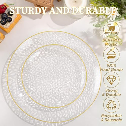 I00000 150Pcs Clear Plastic Plates with Gold Rim,Clear Disposable Plates with silverware,Gold hammer patterned plates Set include 30 Dinner Plate,30 Dessert Plate,90 Silverware Set for Party - color: Clear and gold