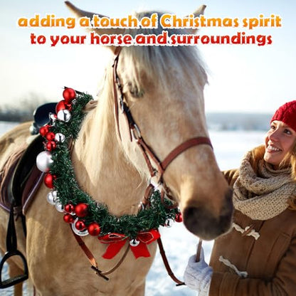 Dingion Christmas Wreath Horse Christmas Horses Neck Garland 16.9 Inches Artificial Outdoor Garland Horse Costume Rustic Farmhouse Decor for Xmas Holiday Party Parades Supplies(Xmas Bow Style) - style: Xmas Bow Style