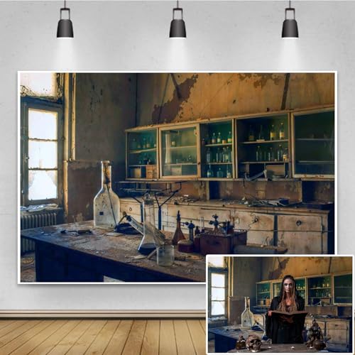 Renaiss 5x3ft Abandoned Chemistry Lab Backdrop Laboratory Science Potions Room Photo Background Old School Laboratory Boys Childs Science Lab Theme Party Decorations Kids Photo Props Fabric - color: Shabby-1, size: 5x3ft