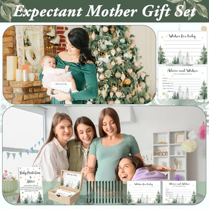 Thyle 134 Pcs Baby It's Cold Outside Shower Games Woodland Winter Baby Shower Games Prediction Advice Cards with 12 Color Pens Keepsake Box for Boys and Girls Winter Neutral Party(Green,Tree)