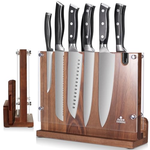 ENOKING Magnetic Knife Block 12.2 x 9.3", Double Sided Magnetic Knife Holde with Knife Sharpener, Acacia Wood Magnetic Knife Stand with Acrylic Shield for Kitchen Countertop - size: 12.2*9.3 inches