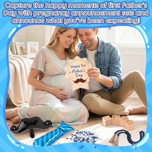 9Pcs Pregnancy Announcement Set Coming Soon Baby Announcement Ideas Include Happy Father's Day Wooden Sign Balloon Beads Garland New Parents Pregnancy Reveal Photo Prop Backdrop for 1st Father's Day - color: Blue
