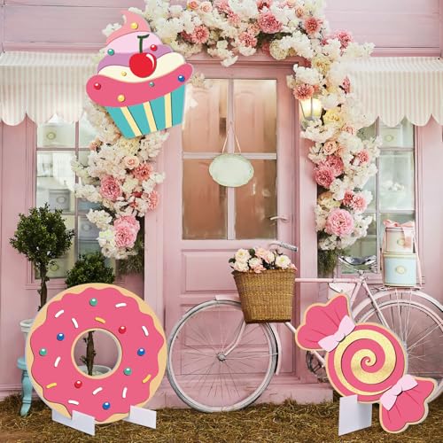 Soulchen 3 Pcs 24 Inch Large Candy Party Indoor Backdrop Decorations 3 Candy Board Signs with Bases, Candyland Photo Booth Props for Christmas Holiday Display Candyland Birthday Photo Booth Decor - style: Candy Party