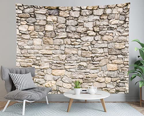 Loccor Brick Wall Tapestry - Yellow Old Stone Wall Hanging W80 x H60 Vintage Rock Masonry Stonewall Abstract Art Tapestry Brick Photo Backdrop for Bedroom, Living Room, Dorm, Home Decor - size: 82.7"L x 59.1"W