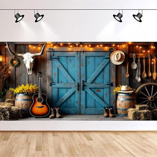 Western Cowboy Backdrop Decorations Wild West Country Farm Rustic Blue Barn Door Saloon Background Rodeo Banner Photoshoot Decor Supplies Photo Props for Kids Birthday Polyester Fabric 13x6ft