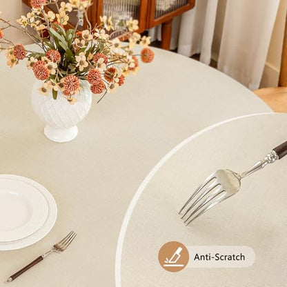 Seenus Textured 60 Inch Beige Round Tablecloth fits 30'' to 48'' Table, Water Resistant and Wipeable Circular Tablecloth, Anti-Scratch Faux Linen Fabric for 2-4 Seats Dining Table Kitchen Patio - color: Beige, size: 60" (Round)