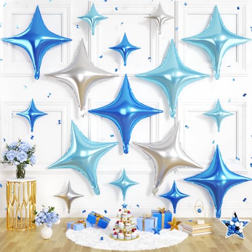 Blue Silver Star Balloons, 16 PCS Blue Four Angle Star Foil Balloons, 26 Inch and 10 Inch Silver Stars Shaped Balloon for Graduation Birthday Baby Shower Anniversary Retirement Party Decorations - color: Blue Silver