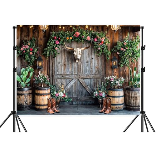 Wathon Western Cowboy Backdrop for Photography Southwest Country Ranch Photo Backdrop Retro Rustic Barn Door with Cactus Floral Texas Photo Background Booth Video Studio Props 7X5FT - color: Floral Bull Skull, size: 7X5FT