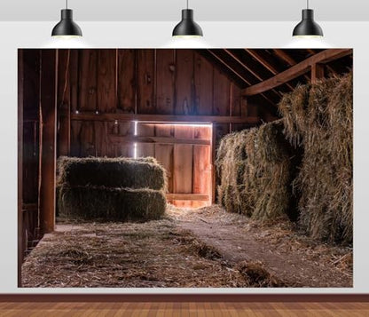 5x3ft Inside Old Dirty Barn Backdrop Hay Bales Dark Wood Beams Barn Interior Photography Background Haystack Country Farmhouse Backgrounds Party Photoshoot Props - size: 5x3ft