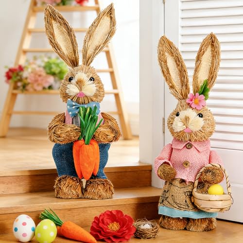 Easter Bunny Decor 13.38 in Standing Sisal Rabbit Figurine Handmade Easter Straw Mr. Bunny Statues Spring Straw Bunny Cute Photo Props Gifts for Farmhouse Spring Home Porch Decor Easter Table Decor