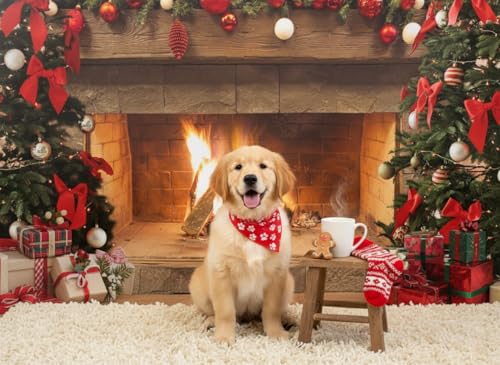 Lofaris Christmas Fireplace Backdrop Winter Xmas Tree Colorful Festive Decorations Brick Backgrounds Interior Vintage Merry Christmas Eve Party Banner Decorations 5x3ft - size: 5x3ft