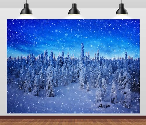 BELECO 6x4ft Fabric Winter Snow Forest Backdrop Snowy Pine Forest Snowflakes Blue Winter Wonderland Background Christmas Party Decorations Banner Photo Video Props - size: 6x4FT