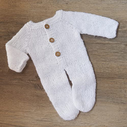 Zeroest Newborn Boy Photoshoot Outfits and Props Bear Bonnet with Footed Romper Infant Baby Photography Crochet Knitted Set - color: White
