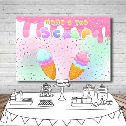 7x5Ft Ice Cream Backdrop Donut Sweet One Sprinkles Birthday Decorations Donut Here's The Scoop Ice Cream Sweet Cake Table Banner Baby Shower Photo Booth Props - color: Ice cream Backdrop 5