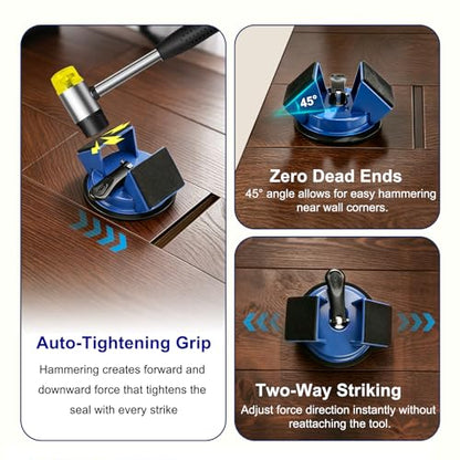 Floor Gap Fixer Tool – Heavy-Duty Iron Body with Enhanced Suction Cup, 45° Striking Surface for Floating Laminate & Vinyl Plank Flooring Repair, Includes 6 Adhesive Pads & Cleaning Blade