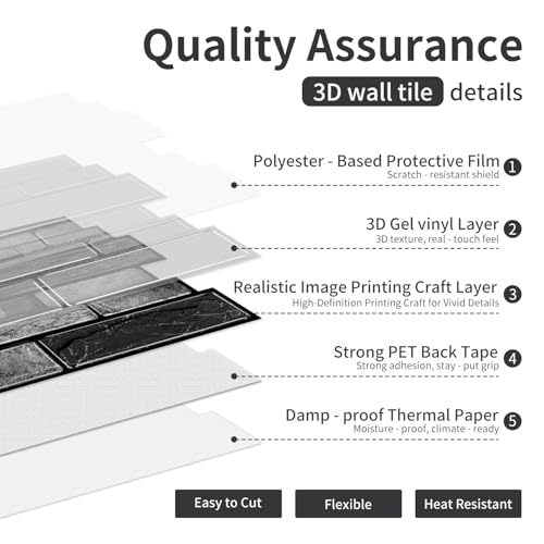 3D Textured Peel and Stick Backsplash Tiles - 20 Sheets 9.69"x4.72" Waterproof Self-Adhesive Tile for Kitchen, Bathroom - Black - color: Black