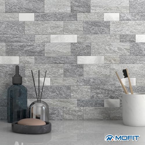 MOFIT Backsplash Tile for Kitchen Peel and Stick Stone Matte Finish,Bathroom Tiles Stickers 3D Wall Panel Linear Mosaic Marble Backsplash Waterproof (5sheets,Gray Silver) - color: Gray Silver, size: 5sheets