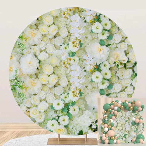 6.5x6.5ft Floral Wedding Party Round Backdrop Cover - Light Yellow Flowers and Leaves Circle Wall With Greenery - Mr and Mrs Bridal Shower Photography Background - color: Yellow Green, size: 6.5x6.5ft-Diameter