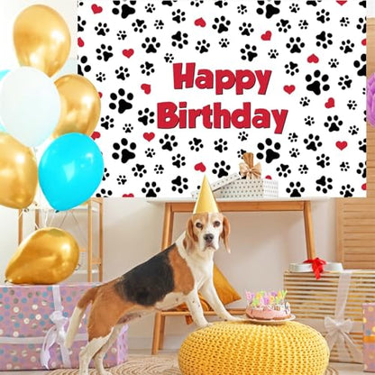 Renaiss 9x6ft Pet Footprints Birthday Backdrop Red Hearts Dog Cat Paw Prints Birthday Background for Photography Pet Themed Happy Birthday Party Banner Cat Dog Footprints Birthday Photo Booth Props - color: Paw792, size: 9x6ft
