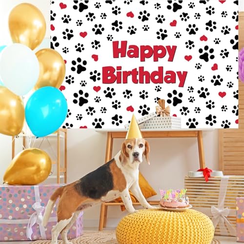 Renaiss 10x8ft Pet Footprints Birthday Backdrop Red Hearts Dog Cat Paw Prints Birthday Background for Photography Pet Themed Happy Birthday Party Banner Cat Dog Footprints Birthday Photo Booth Props - color: Paw792, size: 10x8ft