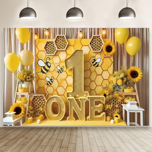 Bee 1st Birthday Backdrop Sunflower Balloons One Birthday Background Kids Girl Bee Birthday Party Decorations Baby Shower Party Banner Cake Table Photo Booth Props (D, 6X4FT) - color: D, size: 6X4FT