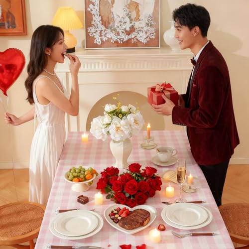Gingham Tablecloth Rectangle Checkered Table Cloth Cotton Linen Fabric Wrinkle Free Washable Buffalo Plaid Table Cover for Kitchen Dining Picnic Camping, Pink and White, 55 * 70 inch - color: Pink, size: 55" x 70" (Rectangular)