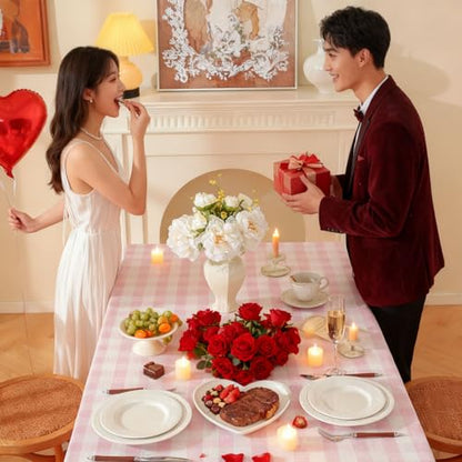 Gingham Tablecloth Rectangle Checkered Table Cloth Cotton Linen Fabric Wrinkle Free Washable Buffalo Plaid Table Cover for Kitchen Dining Picnic Camping, Pink and White, 55 * 102 inch - color: Pink, size: 55" x 102" (Rectangular)