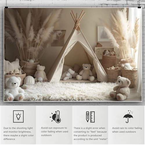 YongFoto Bear Theme Backdrop 7x5ft Tent Blanket Pampas Boho Photography Background Baby Shower Cradle Ceremony Kid Birthday Party Banner Baby Portraits Photoshoot Wallpaper Photo Studio Booth Prop - color: Style 5, size: 7ftx5ft