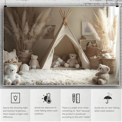 YongFoto Bear Theme Backdrop 7x5ft Tent Blanket Pampas Boho Photography Background Baby Shower Cradle Ceremony Kid Birthday Party Banner Baby Portraits Photoshoot Wallpaper Photo Studio Booth Prop - color: Style 5, size: 7ftx5ft