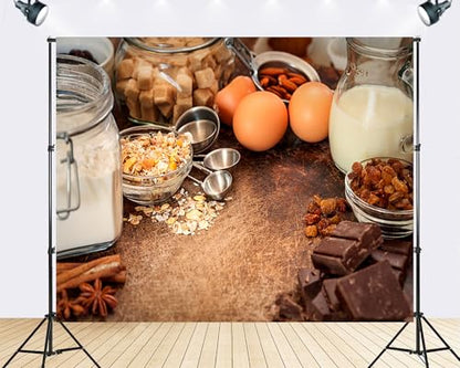 Trykid 8x8ft Baking Ingredients Rustic Table Backdrop Gourmet Food Photography Background Cooking Class Food Festival Bakery Opening Party Decoration Photo Booth Prop Fabric - size: 8x8ft
