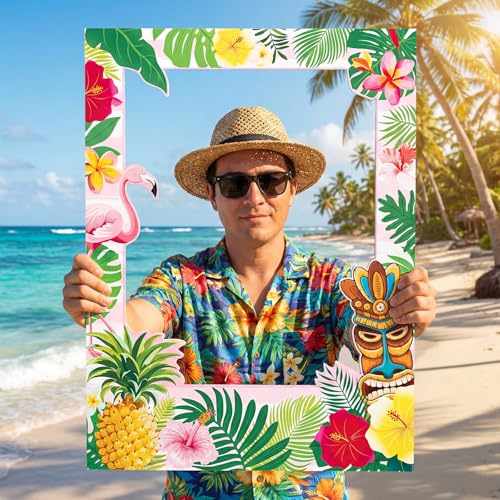 Beeveer 32 x 24 Inch Large Summer Luau Photo Booth Frame Hawaiian Friends Selfie Picture Props for Tropical Tiki Birthday Baby Shower Bridal Shower Wedding Decorations - style: Hawaii Style