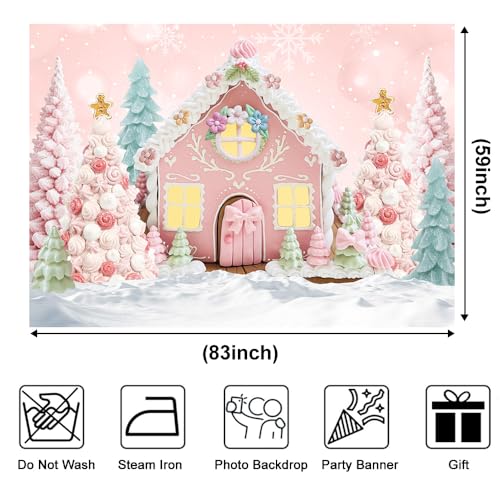 Christmas Pink White Cartoon Gingerbread House Backdrop 7x5ft Pink Winter Snowflake Merry Xmas Tree Photography Background Gingerbread Man Santa Party Decorations Banner Photo Studio Props