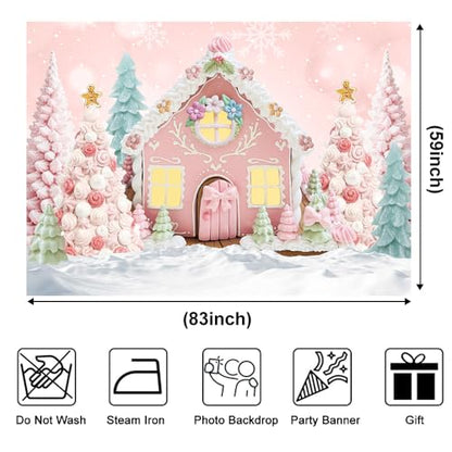 Christmas Pink White Cartoon Gingerbread House Backdrop 7x5ft Pink Winter Snowflake Merry Xmas Tree Photography Background Gingerbread Man Santa Party Decorations Banner Photo Studio Props