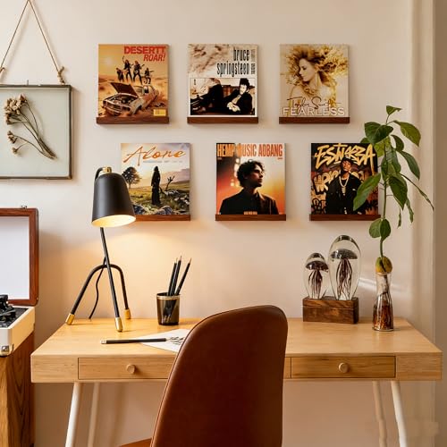Vinyl Wall Mount No Drill with 2 Mount Options(Adhesive & Screws), 6 Pack Solid Walnut Wood Record Display No Screws, Record Shelves for Wall, Album Magazine, Record Shelf, Vinyl Holder Wall