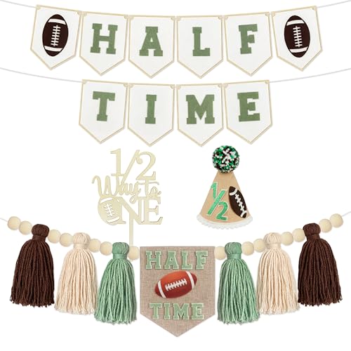 THAWAY Football 1/2 Birthday Decorations Kit - Includes “Half Time” Banner, High Chair Garland, “1/2 Way to One” Cake Topper, Soft Cone & Photo Backdrop for 6-Month Football Party - color: Green Brown