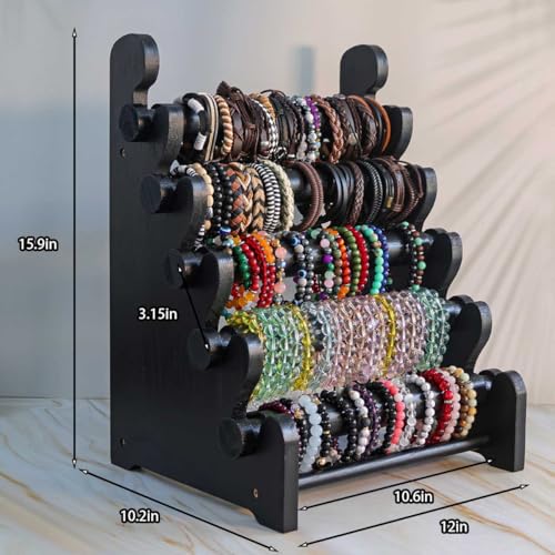 5-Tier Wooden Bracelet Holder – Portable Jewelry Display Stand for 120-150 Bangles & Scrunchies – for Vendors, Retail Stores, Craft Shows & Home Storage (black) - color: black