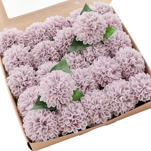 Floroom Artificial Dahlia Flowers 25pcs Real Looking Pale Lavender Foam Fake Roses with Stems for DIY Wedding Bouquets Lilac Bridal Shower Centerpieces Floral Arrangements Party Tables Home Decoration - color: Pale Lavender