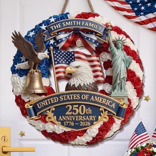 Personalized 250th Anniversary Patriotic Wood Wreath Door Sign 1776-2026, Custom Family Name Round Door Hanger, Independence Decor, Decoration Gifts, Gift For Mom, Dad, Brother, Family /15 - color: Design 15