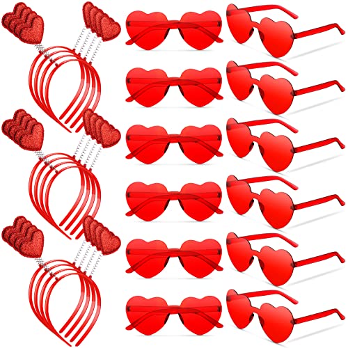 MTLEE 24 Pcs Valentines Heart Head Boppers Headbands and Heart Shape Sunglasses Valentines Party Supplies Wedding Photo Prop - color: Red