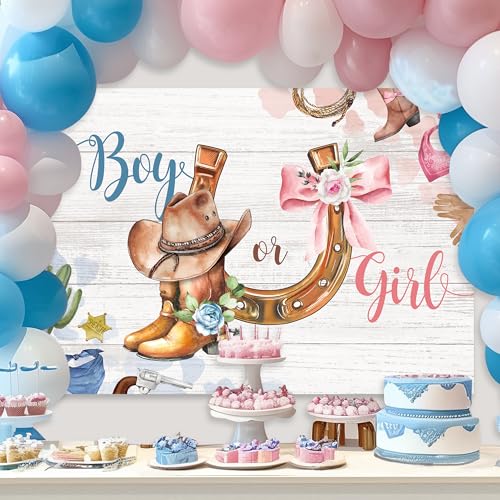 Western Gender Reveal Backdrop 7Wx5H Feet Blue Pink Boots Hat Country Wild West Baby Shower Cowboy or Cowgirl Photography Background Decorations Photo Booth Studio Prop Fabric - color: Cowboy or Cowgirl, size: 7Wx5H