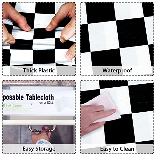Black and White Checkered Tablecloth Roll 52 in x 100 Ft with Slide Cutter Black Checkered Table Cloth Roll Picnic Party Table Cover for Events Family Banquet Parties and Celebrations(Plastic) - color: Black and White Checkered