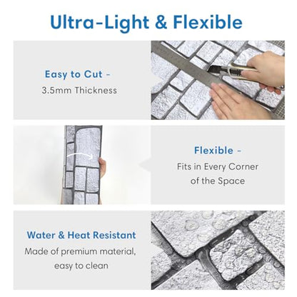 COMSTICKC 3D Faux Stone Wall Panel,Peel and Stick Tiles,10 Pcs of 12"X12",Self-Adhesive PVC Lock Stone Adhesive Black Rock Paneling Backsplash,Paintable Decorative Tile - color: Gray-3