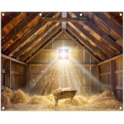 10x8ft Fabric Christmas Manger Scene Backdrop Birth of Jesus Nativity Holy Family Photography Background Barn Stable Christian Party Decor Photo Props - size: 10'x8'
