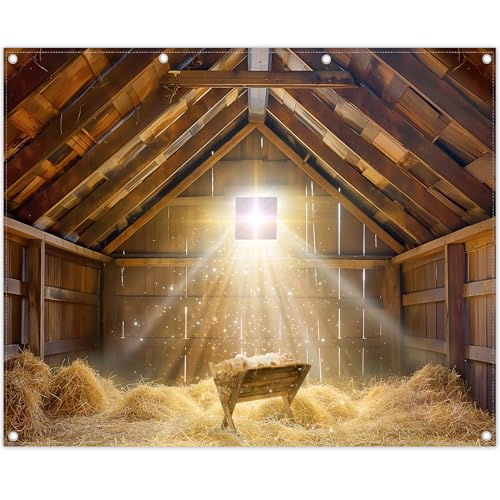 10x8ft Fabric Christmas Manger Scene Backdrop Birth of Jesus Nativity Holy Family Photography Background Barn Stable Christian Party Decor Photo Props - size: 10'x8'
