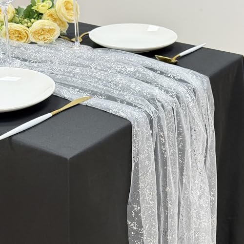 AerWo 4 Pcs Silver Table Runner 10FT, Boho Foil Glitter Sheer Sequin Table Runners 120 Inches Long, Wedding Centerpiece Table Decorations for Party Supplies Birthday Christmas Runners Decorations - size: 4 Pieces, style: Silver