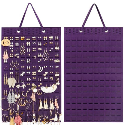 Resovo Hanging Earrings Organizer, Wall Earring Holder with 2 Hooks, Holds Up To 300 Pairs, Compact Design, Soft Material-Dark Purple - color: Dark Purple, size: 22.5*13.6 inches
